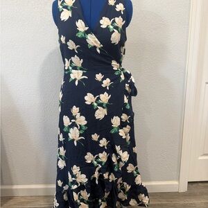 Navy Floral Wrap Dress with Ivory Blooms